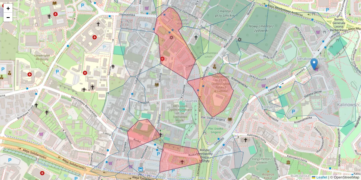 Szczegółowa mapa kodu pocztowego 20-126 z granicami, sąsiednimi kodami pocztowymi i urzędami pocztowymi