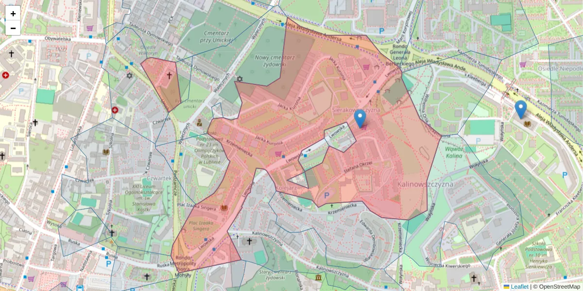 Szczegółowa mapa kodu pocztowego 20-128 z granicami, sąsiednimi kodami pocztowymi i urzędami pocztowymi