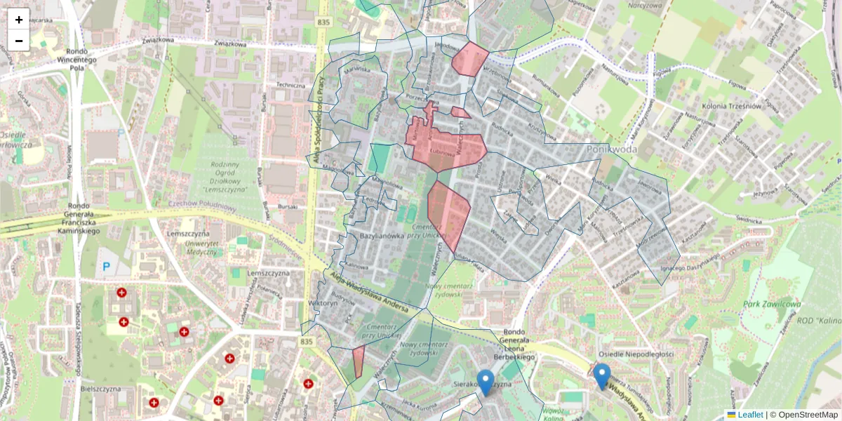 Szczegółowa mapa kodu pocztowego 20-136 z granicami, sąsiednimi kodami pocztowymi i urzędami pocztowymi