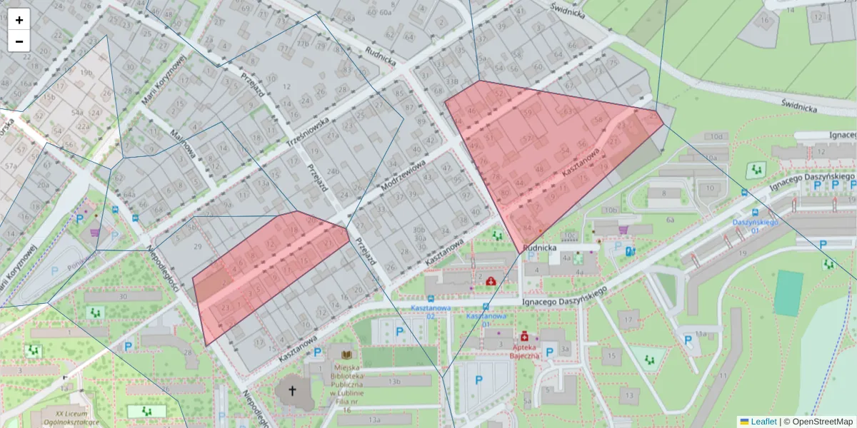 Szczegółowa mapa kodu pocztowego 20-138 z granicami, sąsiednimi kodami pocztowymi i urzędami pocztowymi