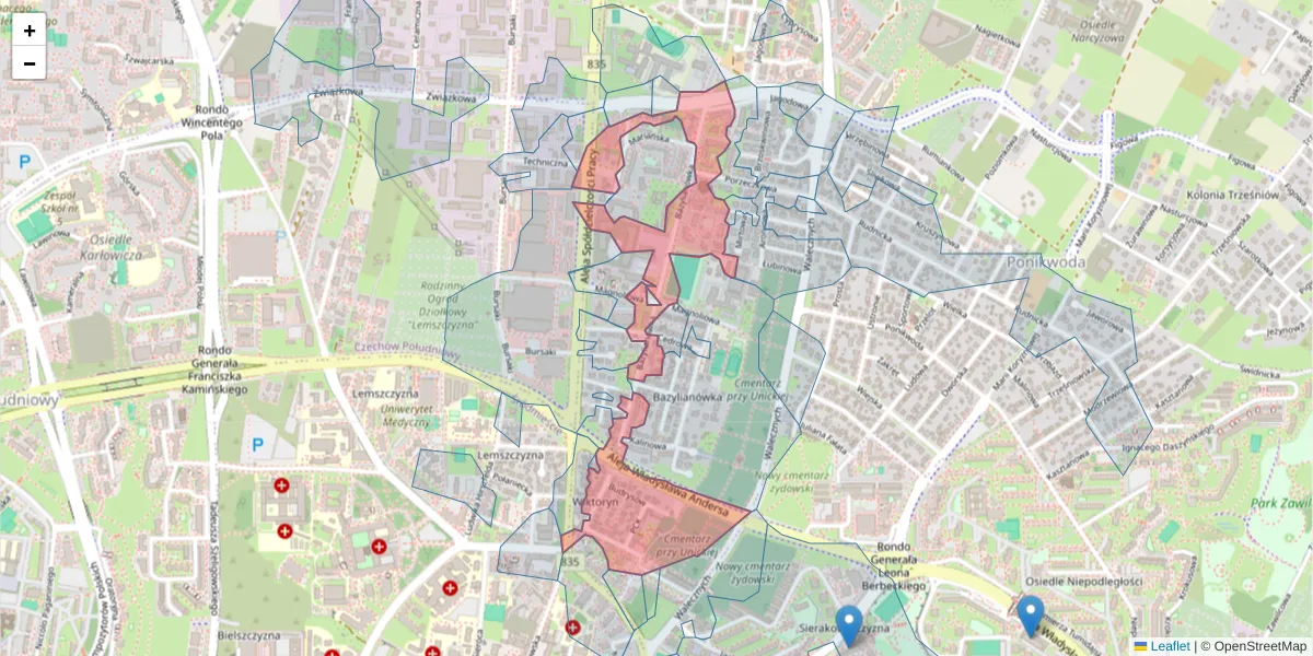 Szczegółowa mapa kodu pocztowego 20-144 z granicami, sąsiednimi kodami pocztowymi i urzędami pocztowymi