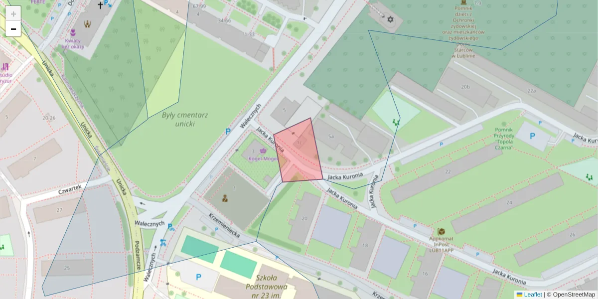 Szczegółowa mapa kodu pocztowego 20-154 z granicami, sąsiednimi kodami pocztowymi i urzędami pocztowymi