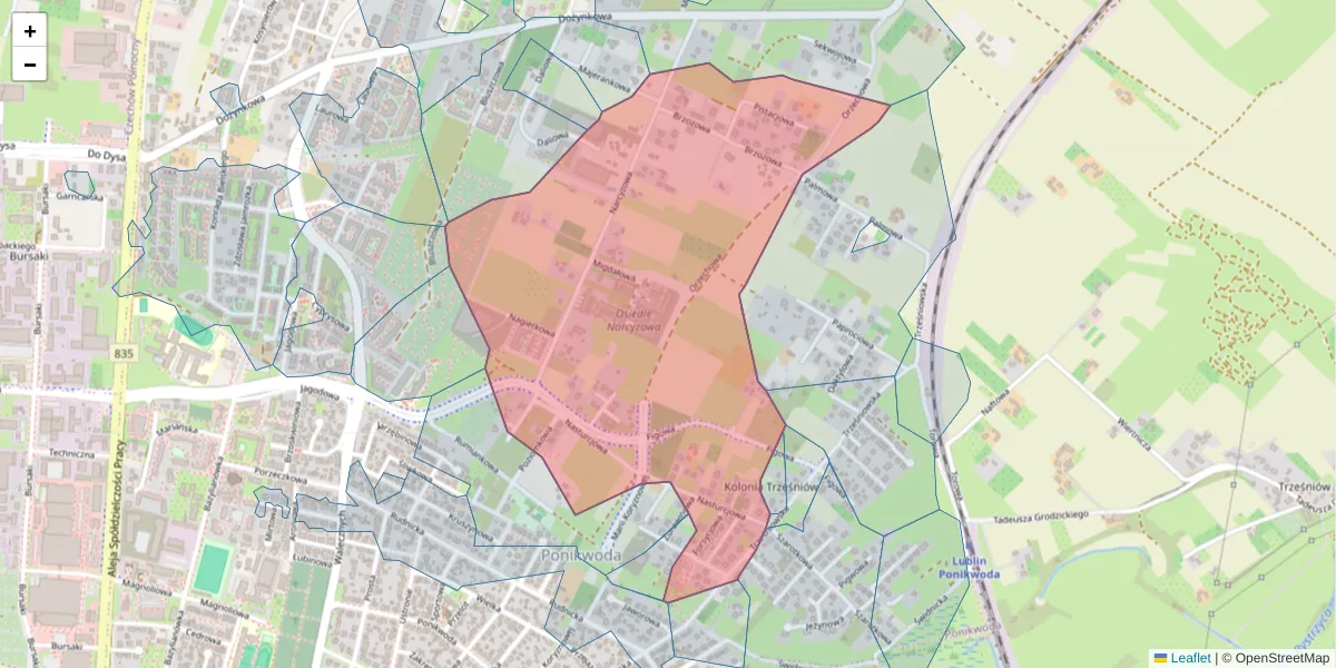Szczegółowa mapa kodu pocztowego 20-225 z granicami, sąsiednimi kodami pocztowymi i urzędami pocztowymi