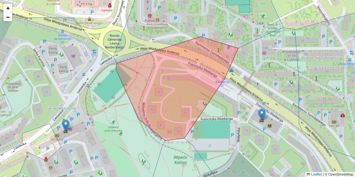 Szczegółowa mapa kodu pocztowego 20-244 z granicami, sąsiednimi kodami pocztowymi i urzędami pocztowymi