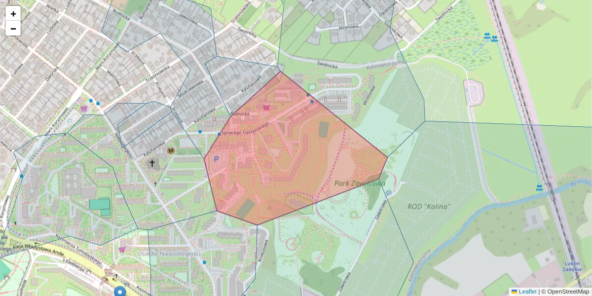 Szczegółowa mapa kodu pocztowego 20-250 z granicami, sąsiednimi kodami pocztowymi i urzędami pocztowymi
