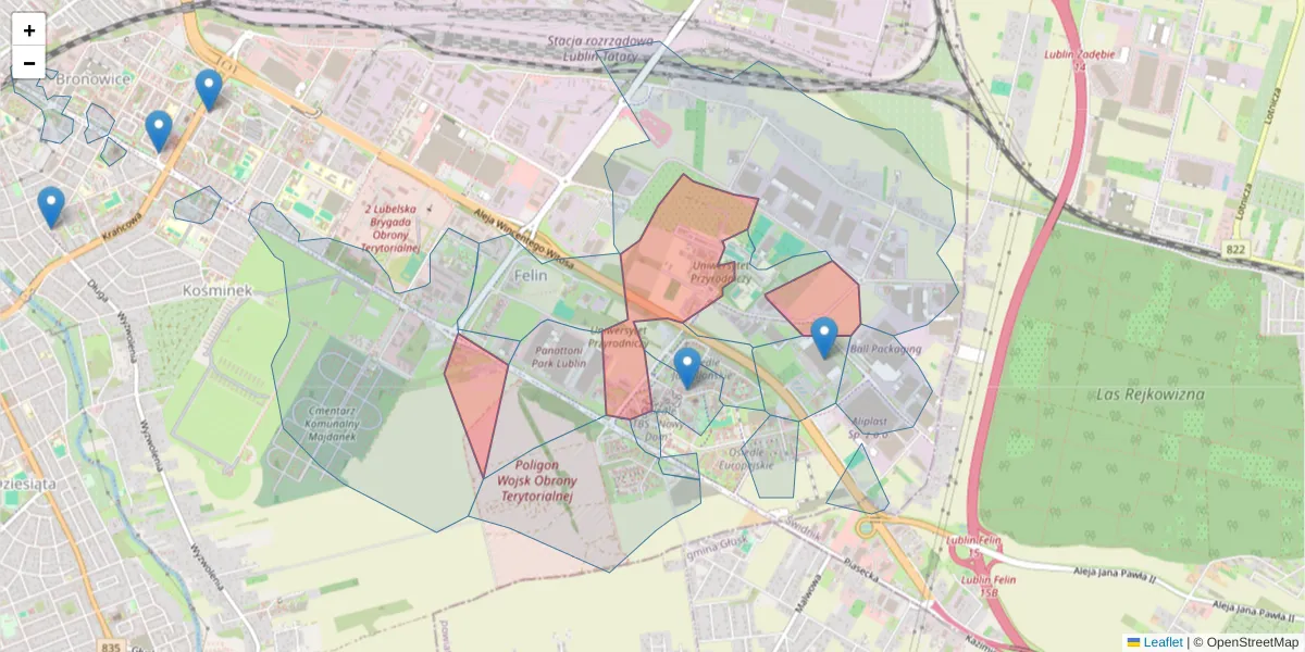 Szczegółowa mapa kodu pocztowego 20-280 z granicami, sąsiednimi kodami pocztowymi i urzędami pocztowymi