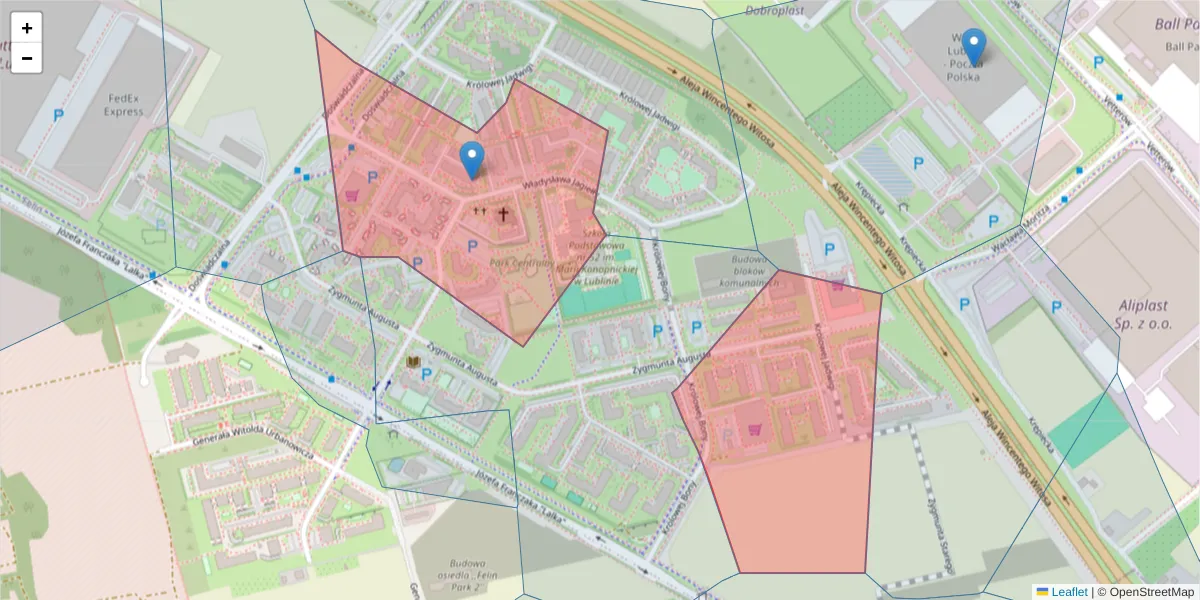 Szczegółowa mapa kodu pocztowego 20-281 z granicami, sąsiednimi kodami pocztowymi i urzędami pocztowymi