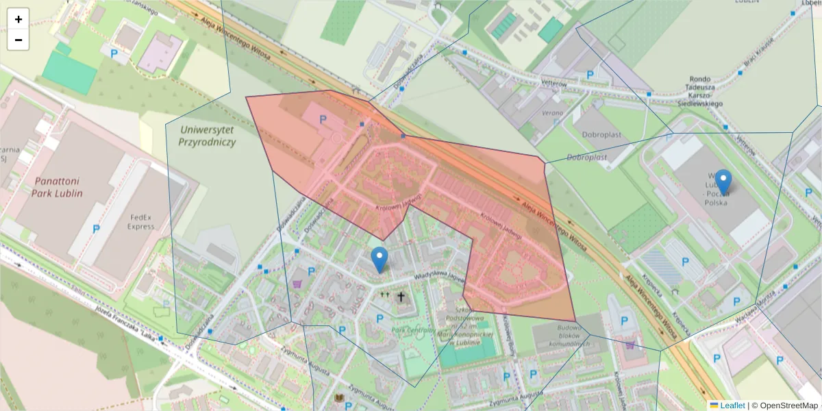 Szczegółowa mapa kodu pocztowego 20-282 z granicami, sąsiednimi kodami pocztowymi i urzędami pocztowymi