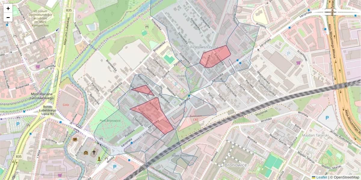 Szczegółowa mapa kodu pocztowego 20-303 z granicami, sąsiednimi kodami pocztowymi i urzędami pocztowymi