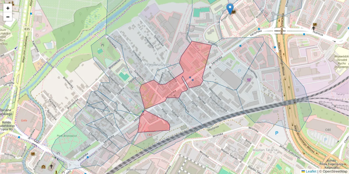 Szczegółowa mapa kodu pocztowego 20-309 z granicami, sąsiednimi kodami pocztowymi i urzędami pocztowymi