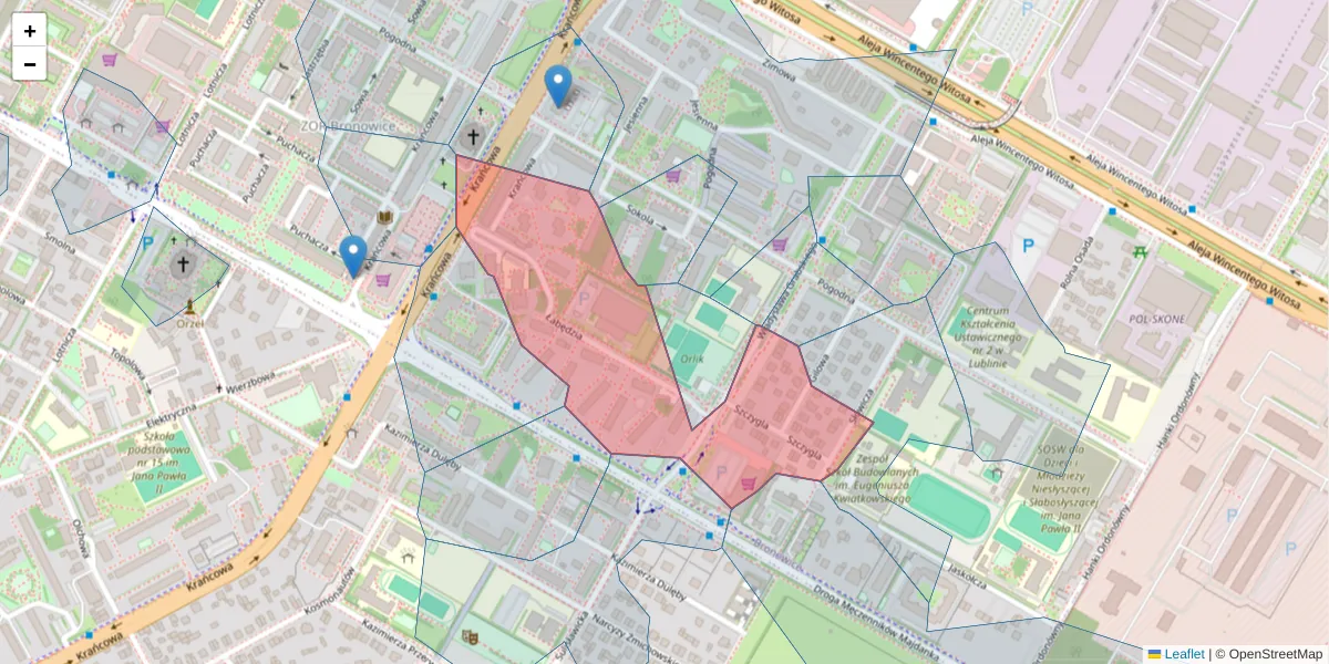 Szczegółowa mapa kodu pocztowego 20-335 z granicami, sąsiednimi kodami pocztowymi i urzędami pocztowymi