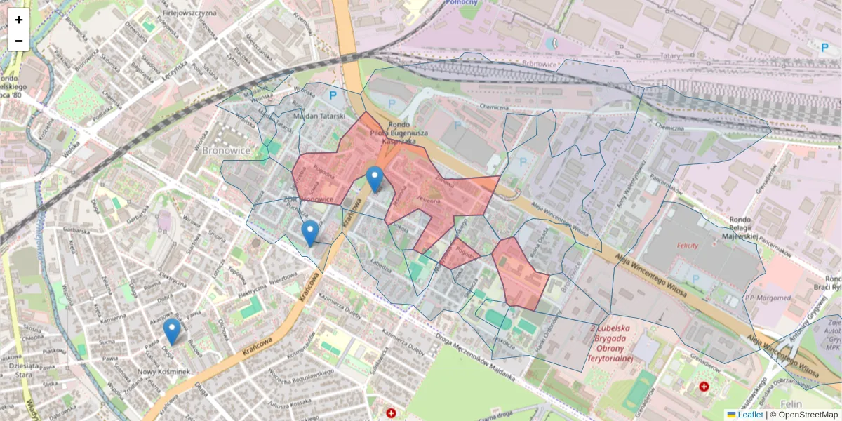 Szczegółowa mapa kodu pocztowego 20-337 z granicami, sąsiednimi kodami pocztowymi i urzędami pocztowymi