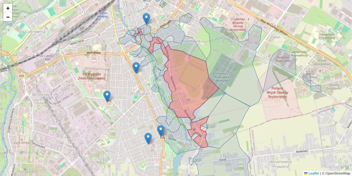 Szczegółowa mapa kodu pocztowego 20-368 z granicami, sąsiednimi kodami pocztowymi i urzędami pocztowymi