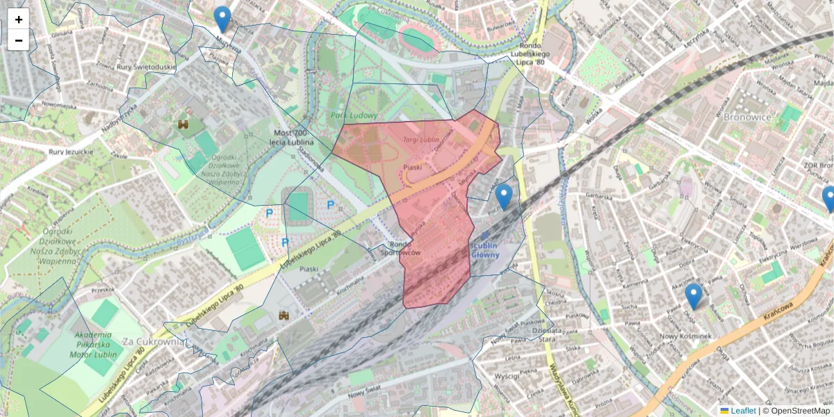 Szczegółowa mapa kodu pocztowego 20-406 z granicami, sąsiednimi kodami pocztowymi i urzędami pocztowymi