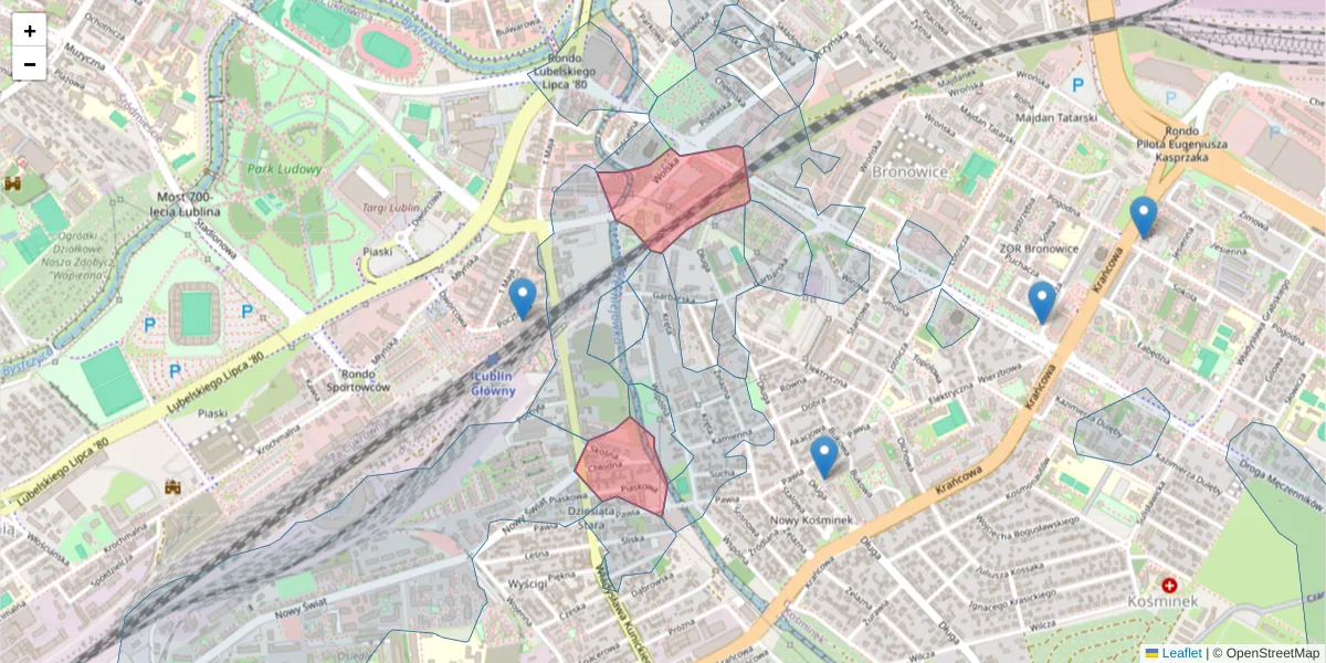 Szczegółowa mapa kodu pocztowego 20-411 z granicami, sąsiednimi kodami pocztowymi i urzędami pocztowymi
