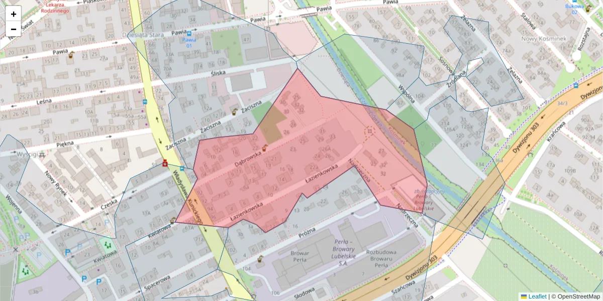 Szczegółowa mapa kodu pocztowego 20-416 z granicami, sąsiednimi kodami pocztowymi i urzędami pocztowymi