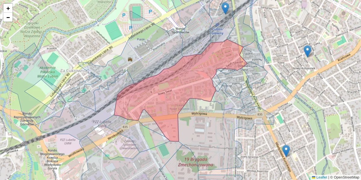 Szczegółowa mapa kodu pocztowego 20-418 z granicami, sąsiednimi kodami pocztowymi i urzędami pocztowymi