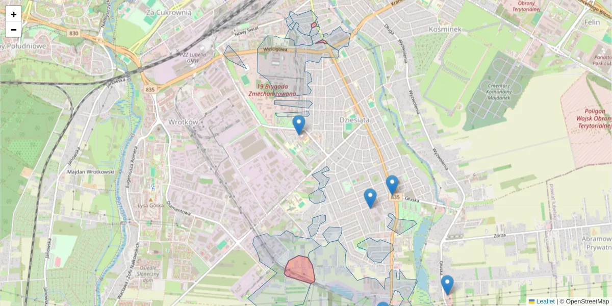 Szczegółowa mapa kodu pocztowego 20-422 z granicami, sąsiednimi kodami pocztowymi i urzędami pocztowymi