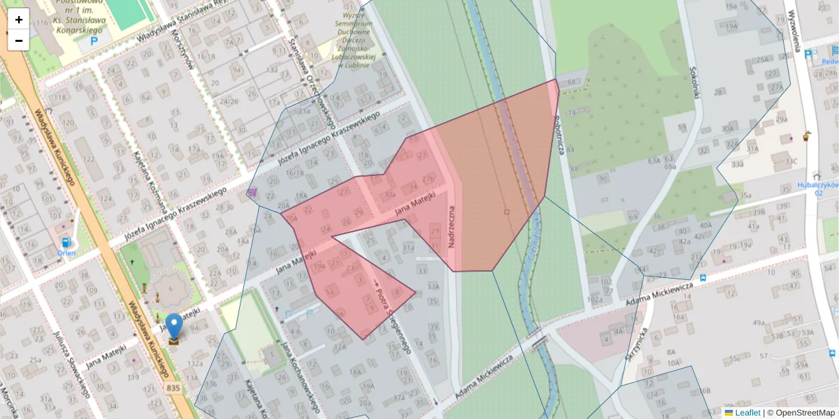 Szczegółowa mapa kodu pocztowego 20-430 z granicami, sąsiednimi kodami pocztowymi i urzędami pocztowymi