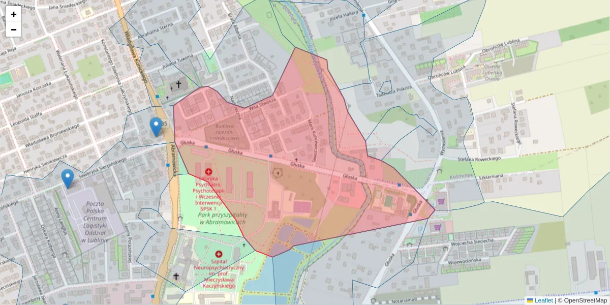 Szczegółowa mapa kodu pocztowego 20-439 z granicami, sąsiednimi kodami pocztowymi i urzędami pocztowymi