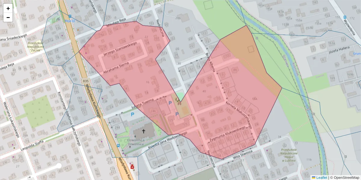 Szczegółowa mapa kodu pocztowego 20-440 z granicami, sąsiednimi kodami pocztowymi i urzędami pocztowymi