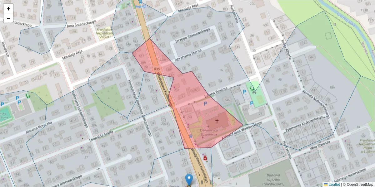 Szczegółowa mapa kodu pocztowego 20-444 z granicami, sąsiednimi kodami pocztowymi i urzędami pocztowymi