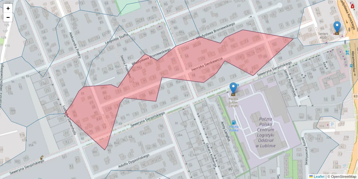 Szczegółowa mapa kodu pocztowego 20-449 z granicami, sąsiednimi kodami pocztowymi i urzędami pocztowymi