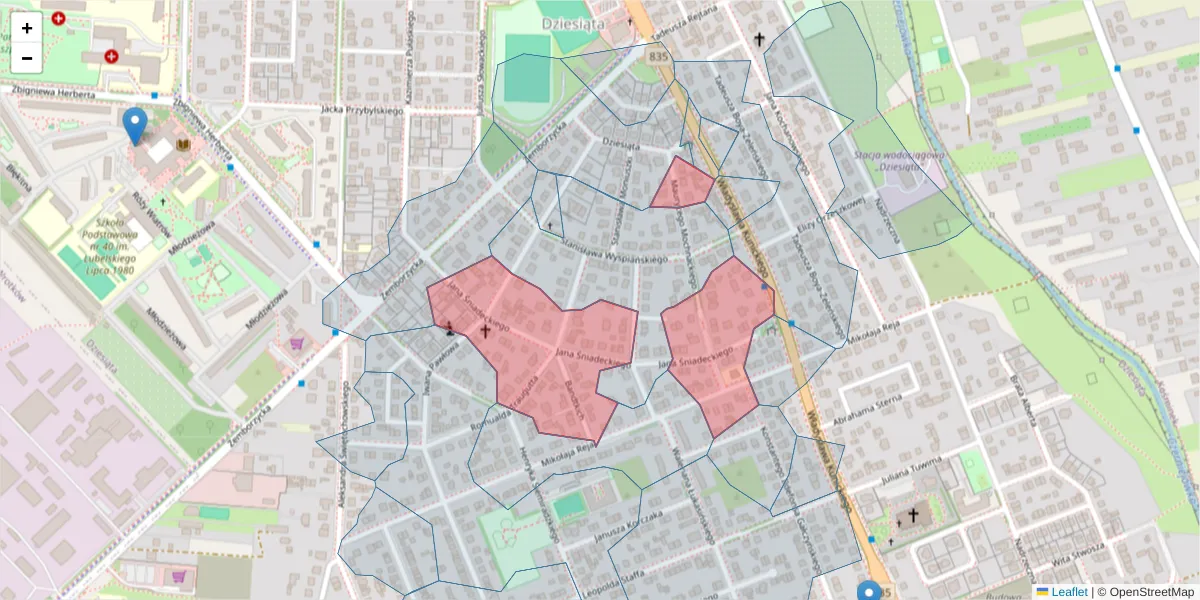 Szczegółowa mapa kodu pocztowego 20-452 z granicami, sąsiednimi kodami pocztowymi i urzędami pocztowymi