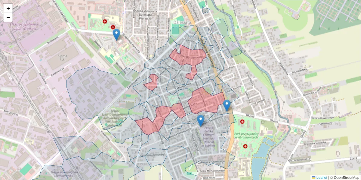 Szczegółowa mapa kodu pocztowego 20-454 z granicami, sąsiednimi kodami pocztowymi i urzędami pocztowymi