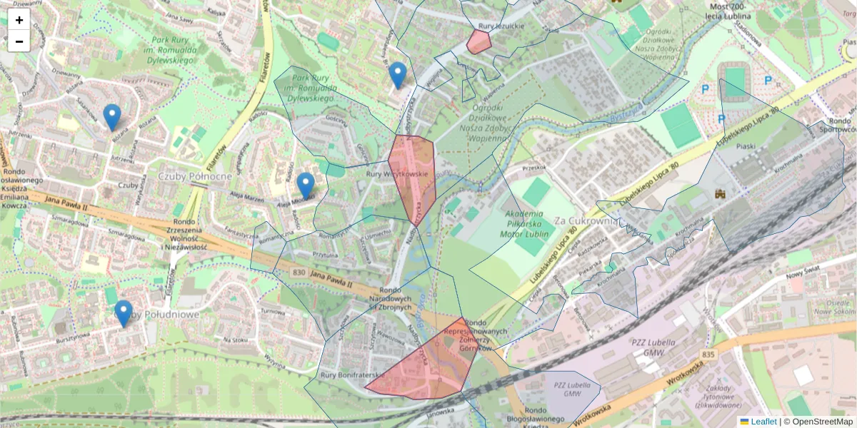 Szczegółowa mapa kodu pocztowego 20-506 z granicami, sąsiednimi kodami pocztowymi i urzędami pocztowymi