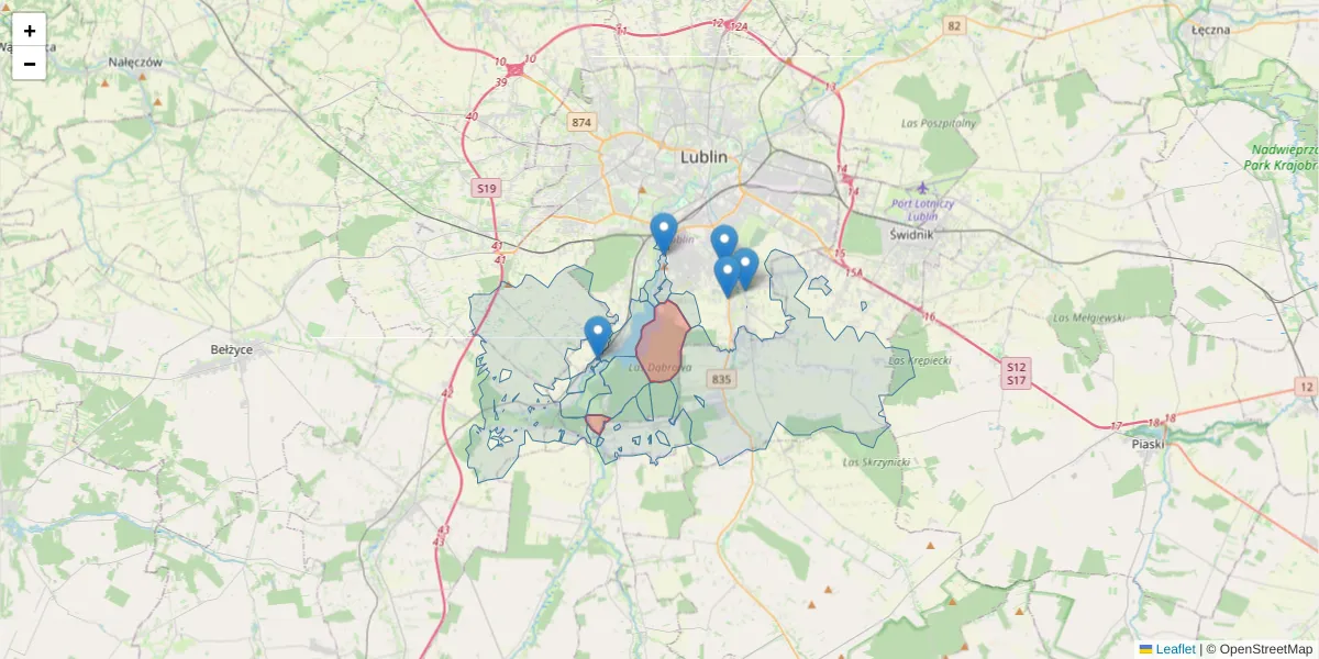 Szczegółowa mapa kodu pocztowego 20-523 z granicami, sąsiednimi kodami pocztowymi i urzędami pocztowymi