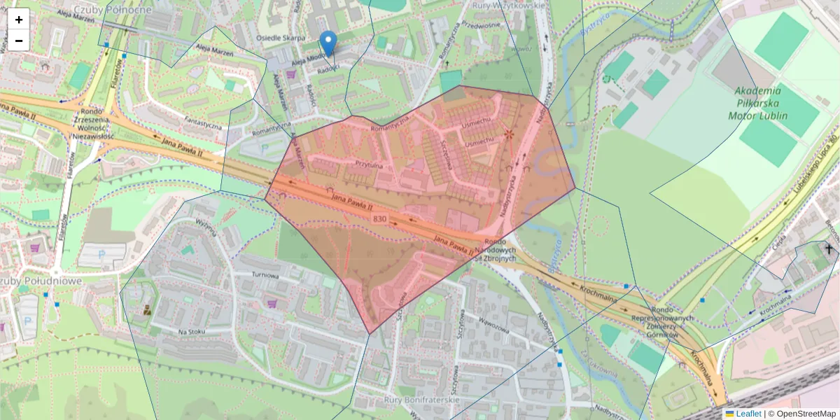 Szczegółowa mapa kodu pocztowego 20-534 z granicami, sąsiednimi kodami pocztowymi i urzędami pocztowymi