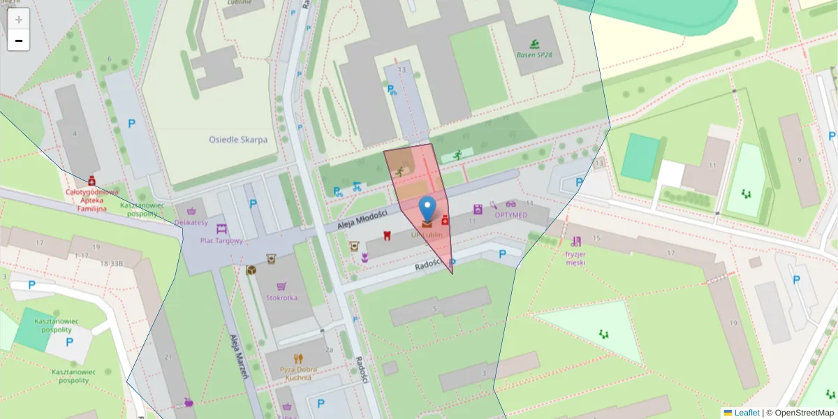 Szczegółowa mapa kodu pocztowego 20-540 z granicami, sąsiednimi kodami pocztowymi i urzędami pocztowymi