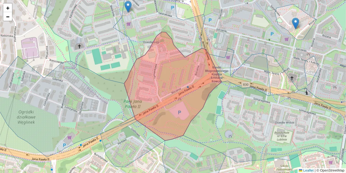 Szczegółowa mapa kodu pocztowego 20-542 z granicami, sąsiednimi kodami pocztowymi i urzędami pocztowymi