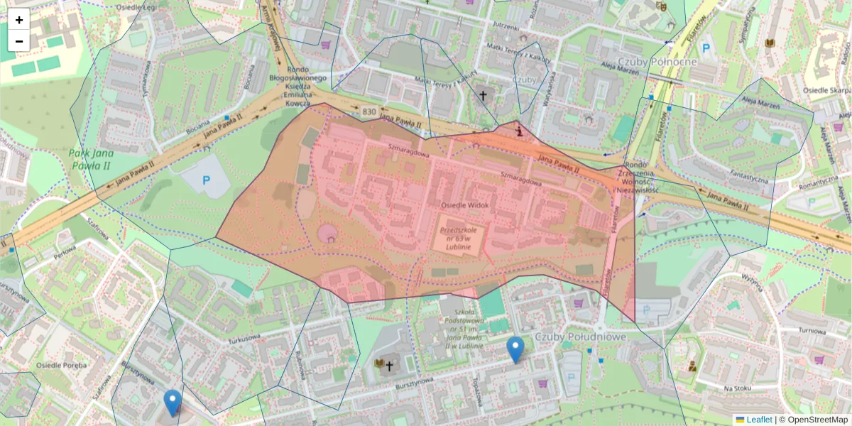 Szczegółowa mapa kodu pocztowego 20-570 z granicami, sąsiednimi kodami pocztowymi i urzędami pocztowymi