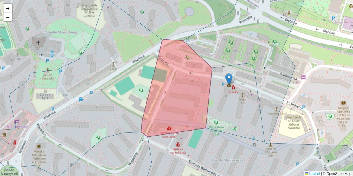 Szczegółowa mapa kodu pocztowego 20-605 z granicami, sąsiednimi kodami pocztowymi i urzędami pocztowymi
