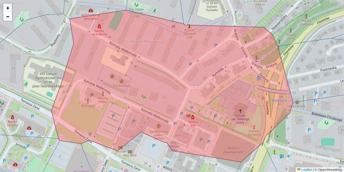 Szczegółowa mapa kodu pocztowego 20-607 z granicami, sąsiednimi kodami pocztowymi i urzędami pocztowymi