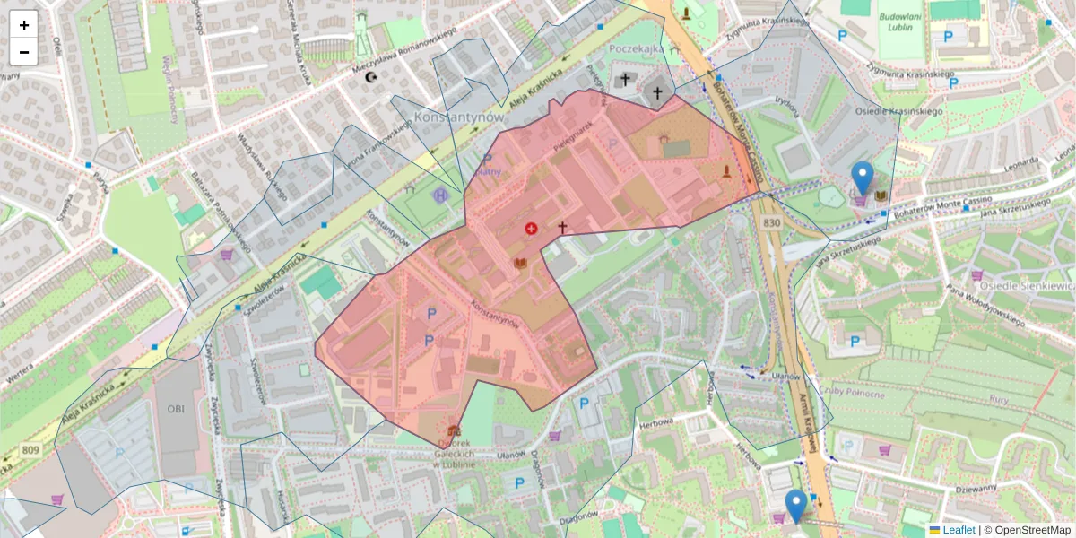 Szczegółowa mapa kodu pocztowego 20-708 z granicami, sąsiednimi kodami pocztowymi i urzędami pocztowymi