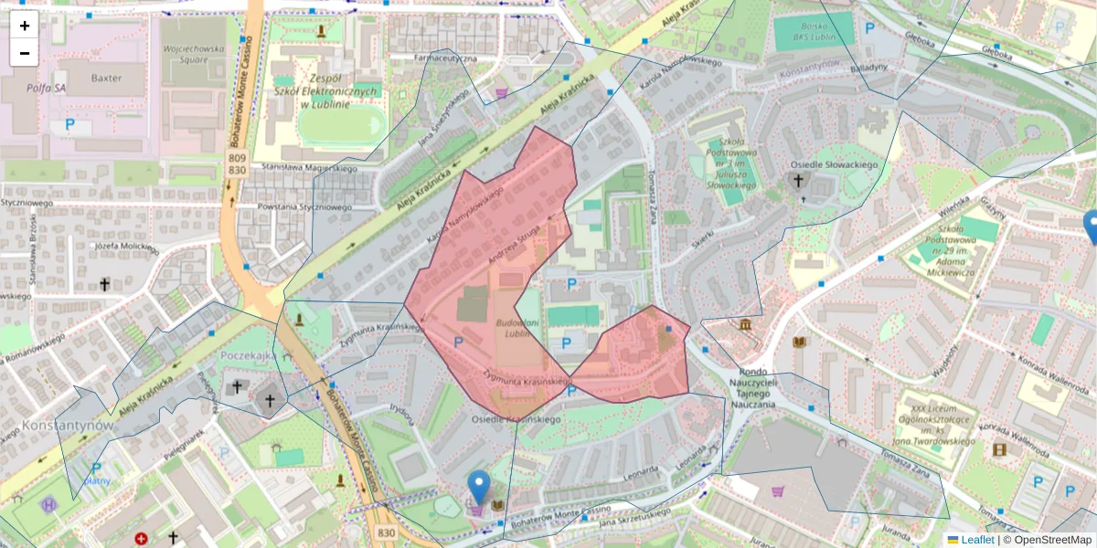 Szczegółowa mapa kodu pocztowego 20-709 z granicami, sąsiednimi kodami pocztowymi i urzędami pocztowymi