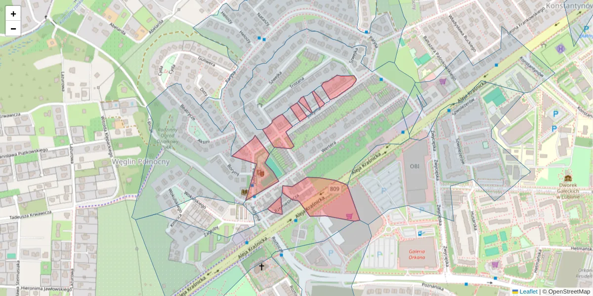 Szczegółowa mapa kodu pocztowego 20-716 z granicami, sąsiednimi kodami pocztowymi i urzędami pocztowymi