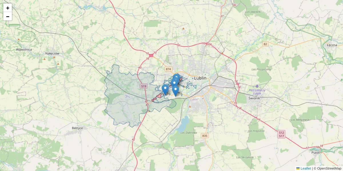 Szczegółowa mapa kodu pocztowego 20-718 z granicami, sąsiednimi kodami pocztowymi i urzędami pocztowymi