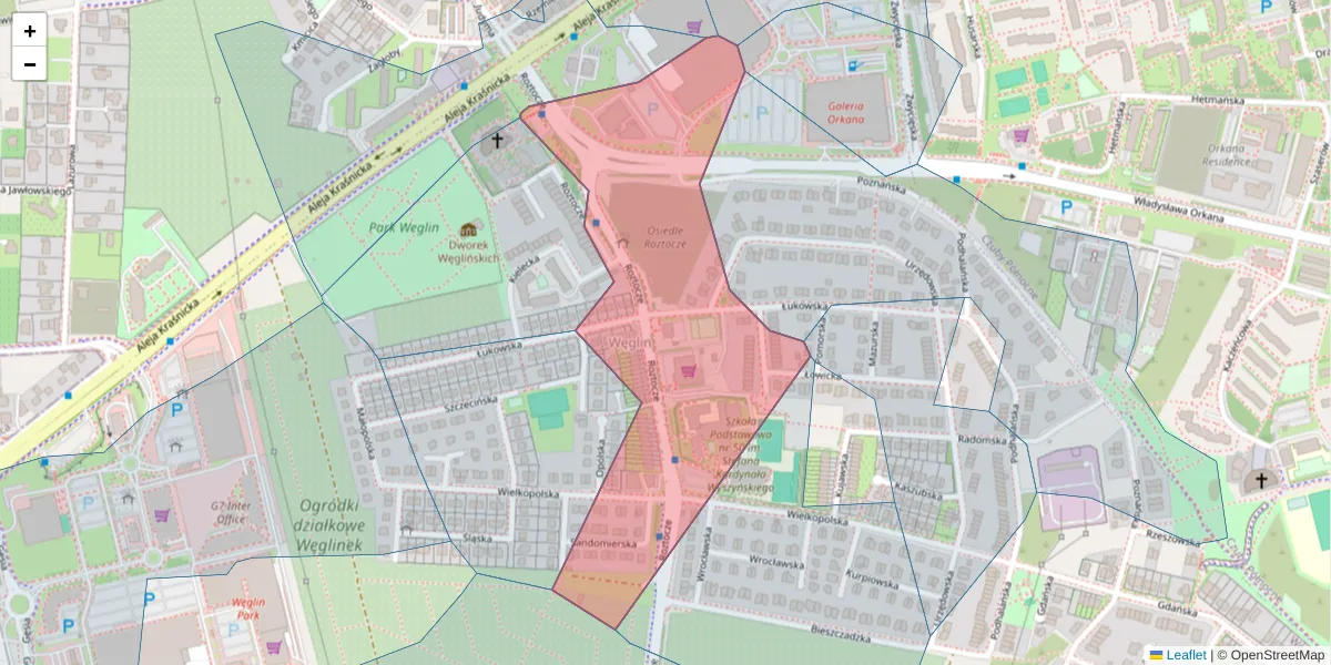 Szczegółowa mapa kodu pocztowego 20-722 z granicami, sąsiednimi kodami pocztowymi i urzędami pocztowymi