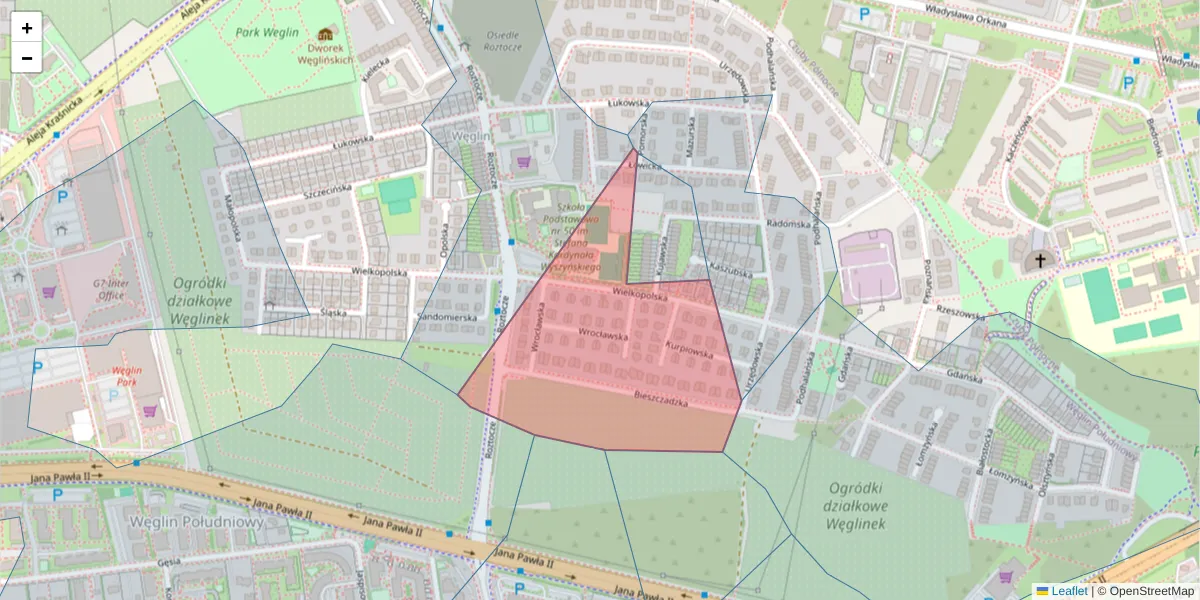 Szczegółowa mapa kodu pocztowego 20-725 z granicami, sąsiednimi kodami pocztowymi i urzędami pocztowymi