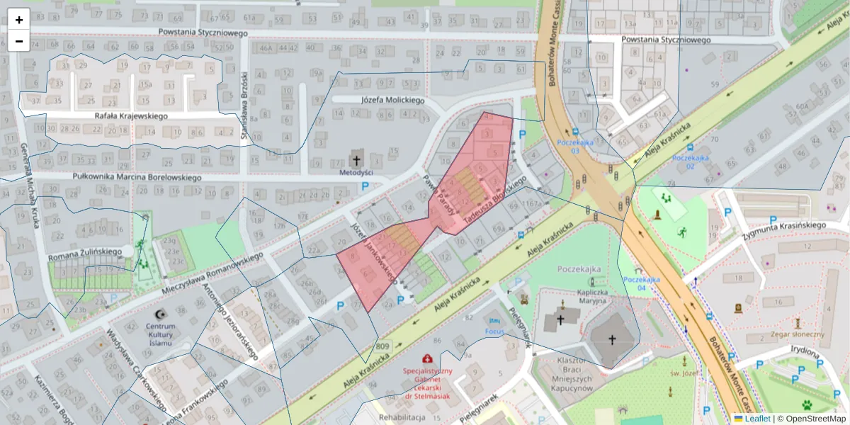 Szczegółowa mapa kodu pocztowego 20-734 z granicami, sąsiednimi kodami pocztowymi i urzędami pocztowymi
