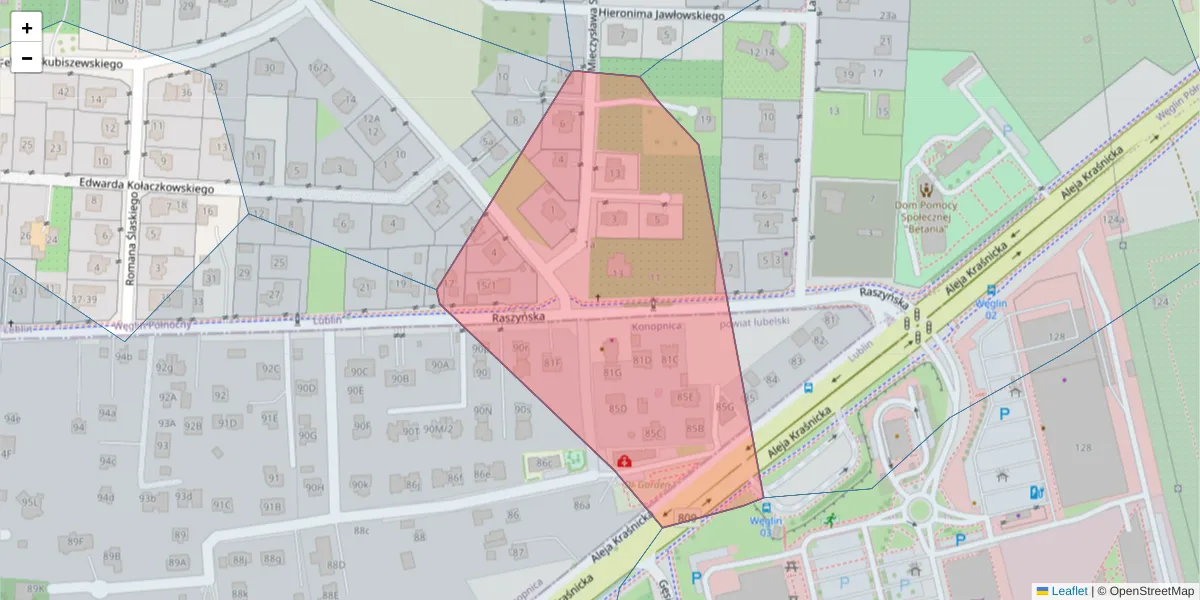 Szczegółowa mapa kodu pocztowego 20-780 z granicami, sąsiednimi kodami pocztowymi i urzędami pocztowymi