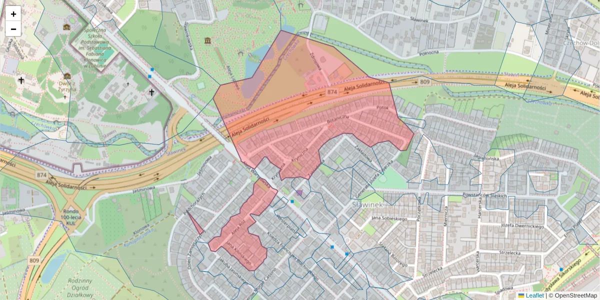 Szczegółowa mapa kodu pocztowego 20-809 z granicami, sąsiednimi kodami pocztowymi i urzędami pocztowymi