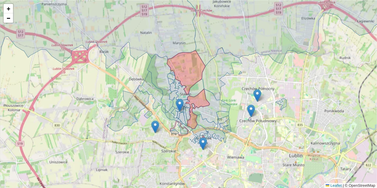 Szczegółowa mapa kodu pocztowego 20-810 z granicami, sąsiednimi kodami pocztowymi i urzędami pocztowymi