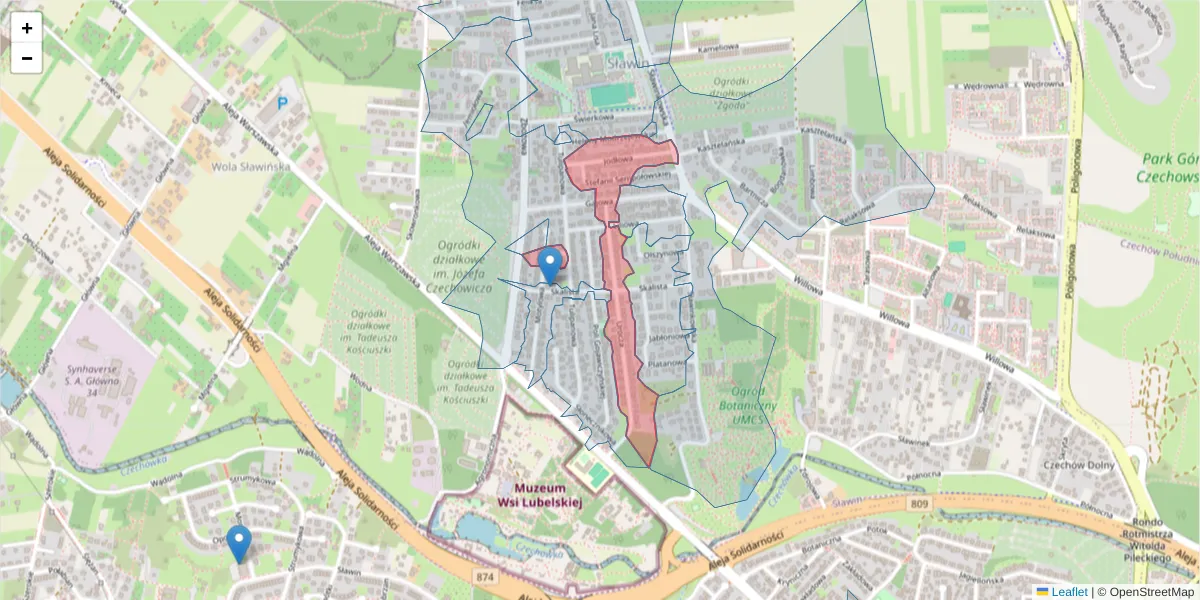 Szczegółowa mapa kodu pocztowego 20-825 z granicami, sąsiednimi kodami pocztowymi i urzędami pocztowymi