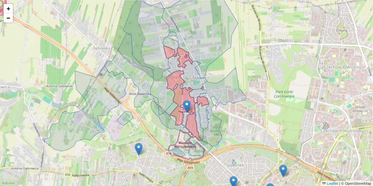 Szczegółowa mapa kodu pocztowego 20-827 z granicami, sąsiednimi kodami pocztowymi i urzędami pocztowymi