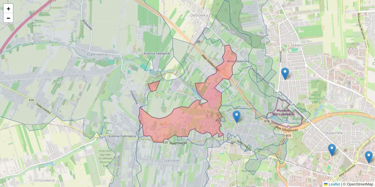 Szczegółowa mapa kodu pocztowego 20-829 z granicami, sąsiednimi kodami pocztowymi i urzędami pocztowymi